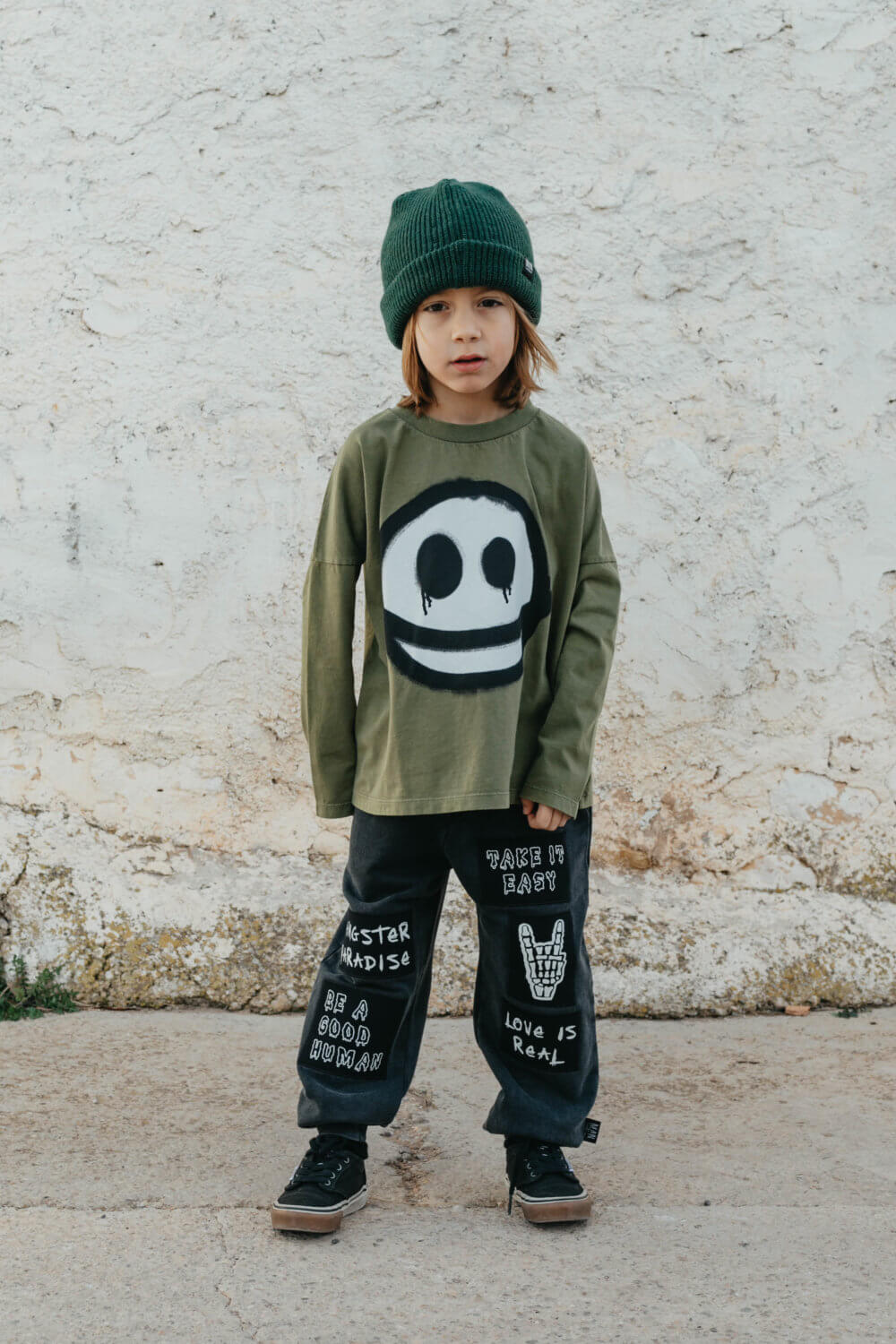 green unisex longsleeve patched kids pants